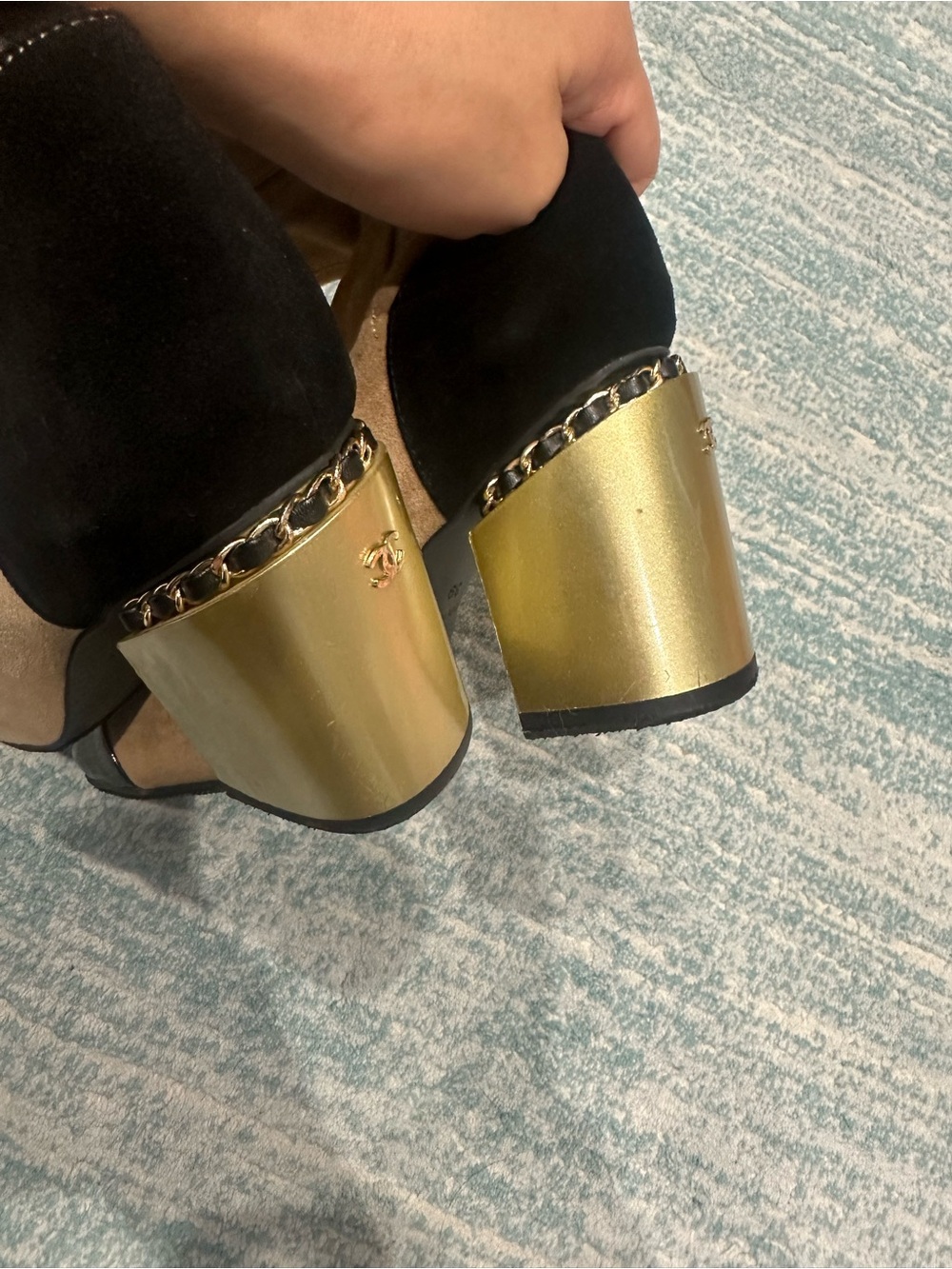 CHANEL Tan Suede Over-the-Knee Boots with Black Accents and Gold Block Heel - Picture 9 of 16